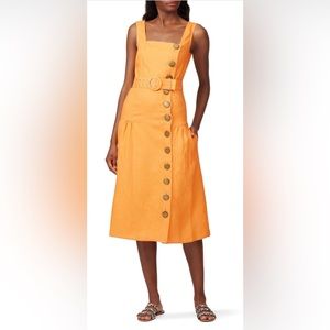 Nicholas Belted Linen Midi Dress Sleeveless Pinafore Tangerine Orange size 10
